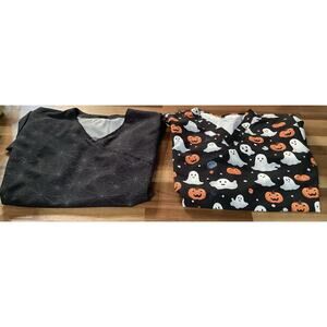 Revel Stretch Scrub Tops XL Halloween Ghosts Pumpkins Webs Short Sleeve Pockets
